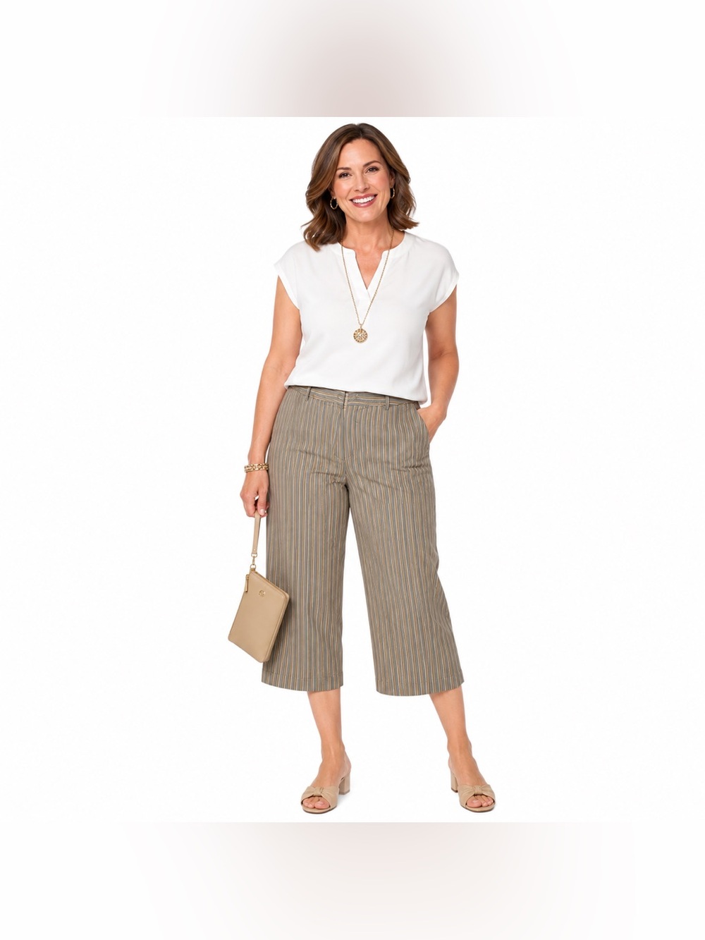 Talbots Woman Classic Beige Blue Fit Striped Cropped Capri Pants Size 14W